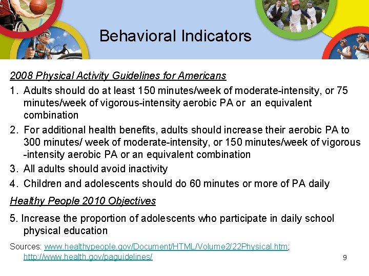 Behavioral Indicators 2008 Physical Activity Guidelines for Americans 1. Adults should do at least Behavioral Indicators 2008 Physical Activity Guidelines for Americans 1. Adults should do at least