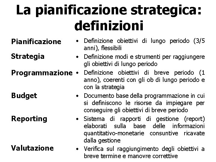La pianificazione strategica: definizioni • Definizione obiettivi di lungo periodo (3/5 anni), flessibili •