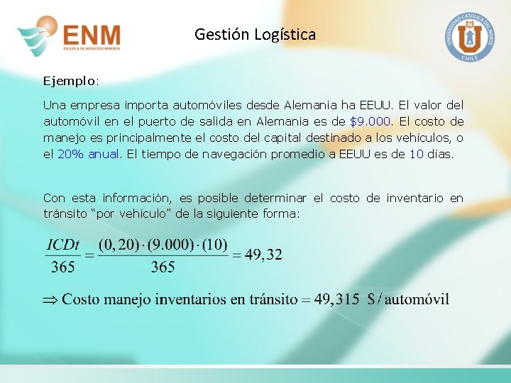 Gestión Logística Ejemplo: Una empresa importa automóviles desde Alemania ha EEUU. El valor del