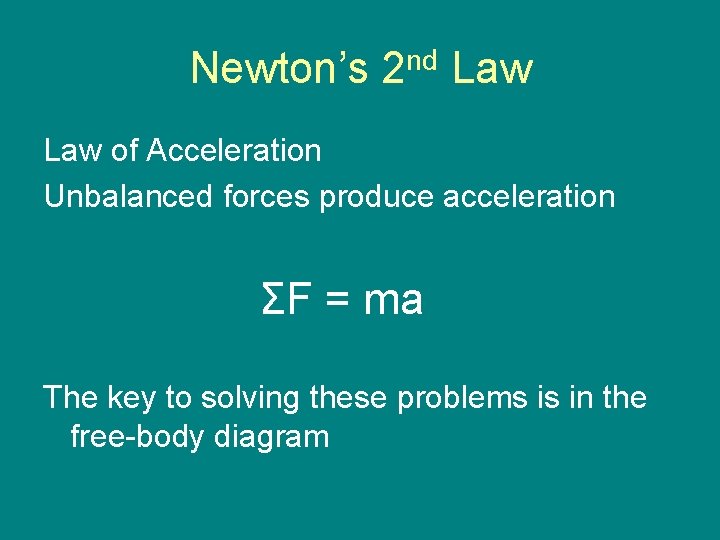 Newton’s 2 nd Law of Acceleration Unbalanced forces produce acceleration ΣF = ma The