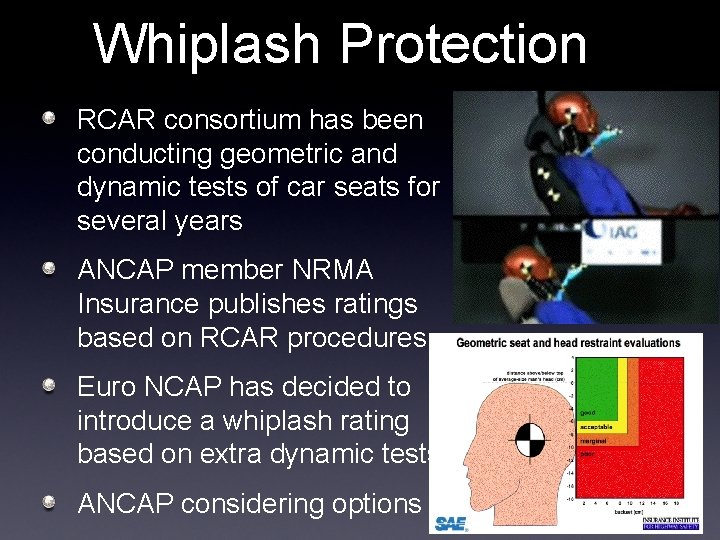 Whiplash Protection RCAR consortium has been conducting geometric and dynamic tests of car seats