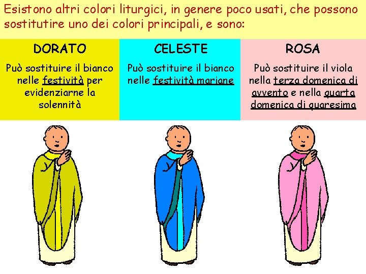 Esistono altri colori liturgici, in genere poco usati, che possono sostitutire uno dei colori