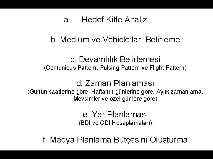 a. Hedef Kitle Analizi b. Medium ve Vehicle’ları Belirleme c. Devamlılık Belirlemesi (Contunious Pattern,