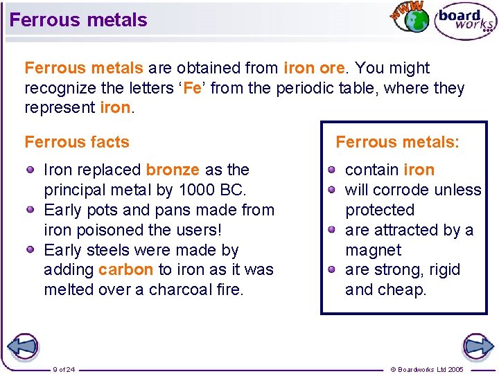 Ferrous metals are obtained from iron ore. You might recognize the letters ‘Fe’ from