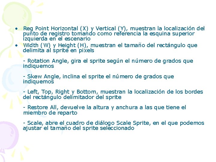  • Reg Point Horizontal (X) y Vertical (Y), muestran la localización del punto