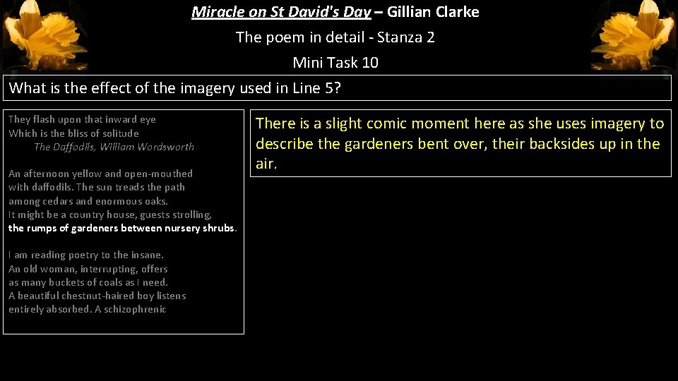 Miracle on St David's Day – Gillian Clarke The poem in detail - Stanza Miracle on St David's Day – Gillian Clarke The poem in detail - Stanza