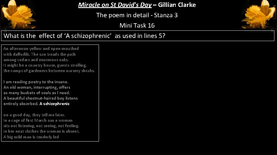 Miracle on St David's Day – Gillian Clarke The poem in detail - Stanza Miracle on St David's Day – Gillian Clarke The poem in detail - Stanza