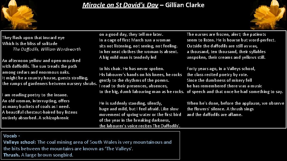 Miracle on St David's Day – Gillian Clarke They flash upon that inward eye Miracle on St David's Day – Gillian Clarke They flash upon that inward eye