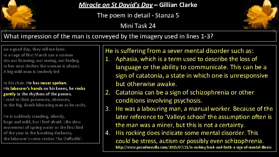 Miracle on St David's Day – Gillian Clarke The poem in detail - Stanza Miracle on St David's Day – Gillian Clarke The poem in detail - Stanza
