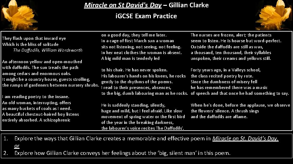 Miracle on St David's Day – Gillian Clarke i. GCSE Exam Practice They flash Miracle on St David's Day – Gillian Clarke i. GCSE Exam Practice They flash
