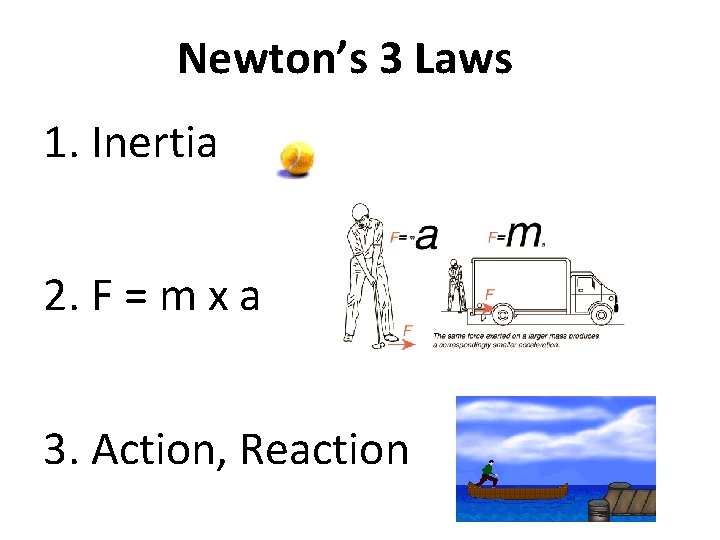 Newton’s 3 Laws 1. Inertia 2. F = m x a 3. Action, Reaction