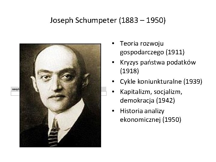 Joseph Schumpeter (1883 – 1950) Joseph Alois Schumpeter • Teoria rozwoju gospodarczego (1911) •