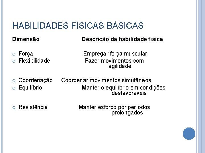 HABILIDADES FÍSICAS BÁSICAS Dimensão Força Flexibilidade Coordenação Equilíbrio Resistência Descrição da habilidade física Empregar