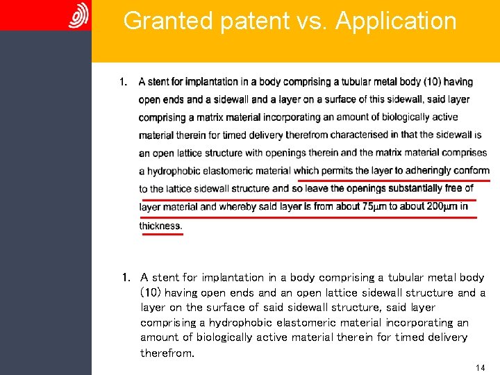 Granted patent vs. Application 1. A stent for implantation in a body comprising a