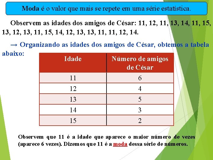 Moda é o valor que mais se repete em uma série estatística. Observem as Moda é o valor que mais se repete em uma série estatística. Observem as