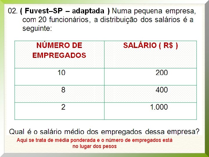 Aqui se trata de média ponderada e o número de empregados está no lugar Aqui se trata de média ponderada e o número de empregados está no lugar