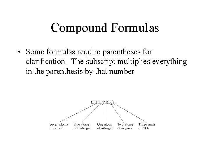 Compound Formulas • Some formulas require parentheses for clarification. The subscript multiplies everything in