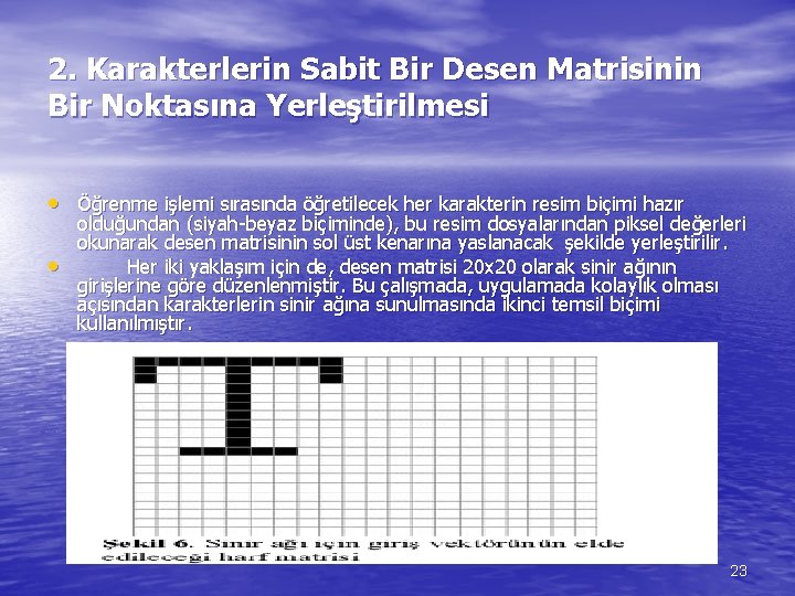 2. Karakterlerin Sabit Bir Desen Matrisinin Bir Noktasına Yerleştirilmesi • Öğrenme işlemi sırasında öğretilecek