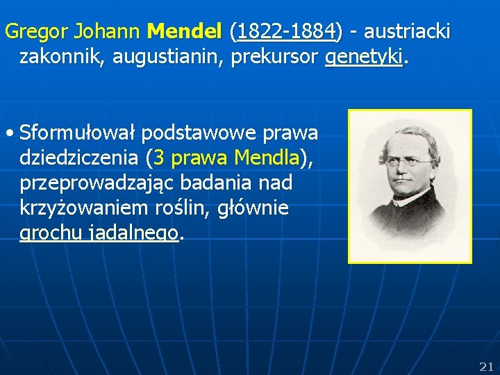 Gregor Johann Mendel (1822 -1884) - austriacki zakonnik, augustianin, prekursor genetyki. • Sformułował podstawowe