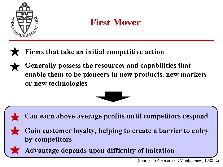 First Mover Firms that take an initial competitive action Generally possess the resources and