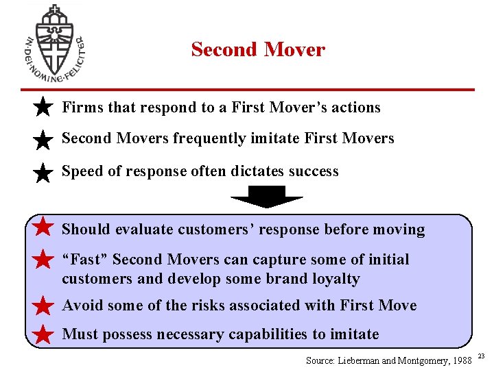 Second Mover Firms that respond to a First Mover’s actions Second Movers frequently imitate