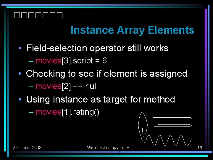 Instance Array Elements • Field-selection operator still works – movies[3]. script = 6 •