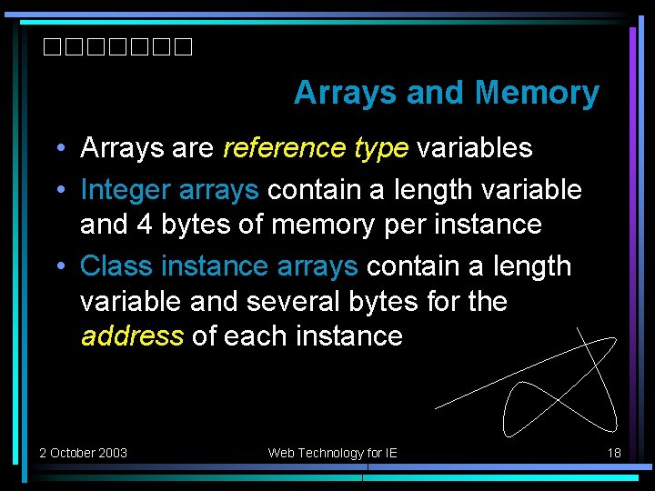 Arrays and Memory • Arrays are reference type variables • Integer arrays contain a