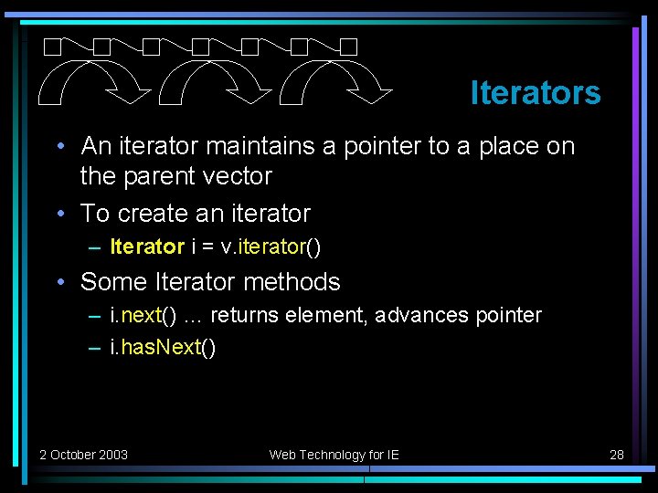 Iterators • An iterator maintains a pointer to a place on the parent vector