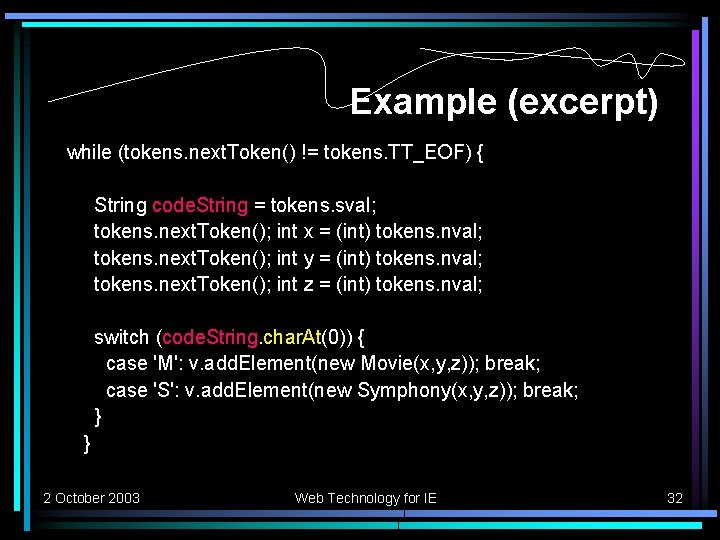 Example (excerpt) while (tokens. next. Token() != tokens. TT_EOF) { String code. String =