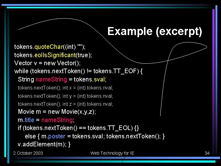 Example (excerpt) tokens. quote. Char((int) '"'); tokens. eol. Is. Significant(true); Vector v = new