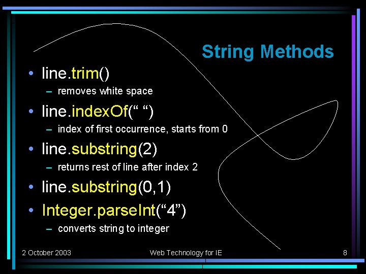 String Methods • line. trim() – removes white space • line. index. Of(“ “)