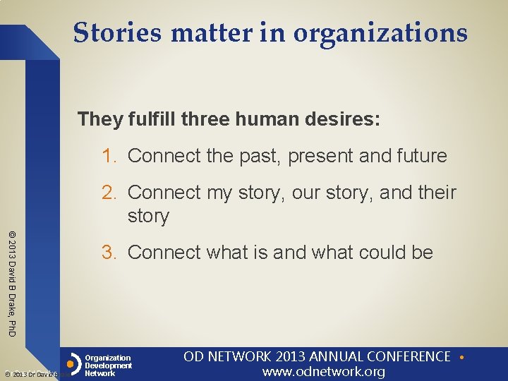 Stories matter in organizations They fulfill three human desires: 1. Connect the past, present