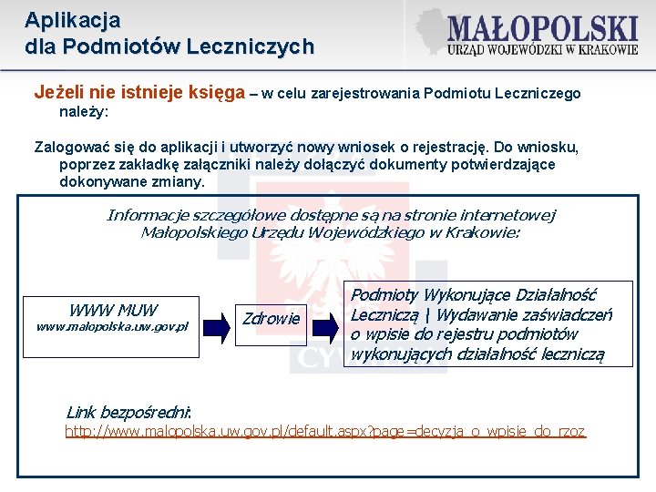 Aplikacja dla Podmiotów Leczniczych Jeżeli nie istnieje księga – w celu zarejestrowania Podmiotu Leczniczego