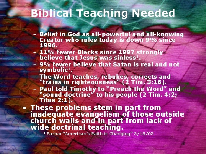 Biblical Teaching Needed – Belief in God as all-powerful and all-knowing Creator who rules