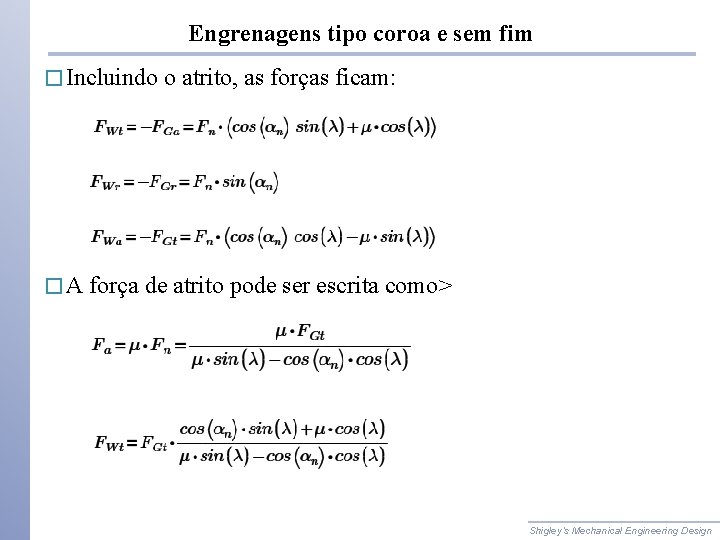 Engrenagens tipo coroa e sem fim � Incluindo �A o atrito, as forças ficam: Engrenagens tipo coroa e sem fim � Incluindo �A o atrito, as forças ficam: