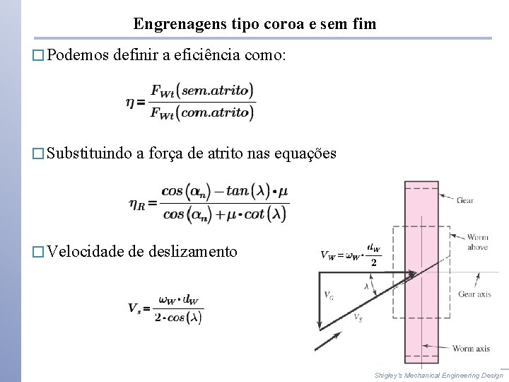 Engrenagens tipo coroa e sem fim � Podemos definir a eficiência como: � Substituindo Engrenagens tipo coroa e sem fim � Podemos definir a eficiência como: � Substituindo