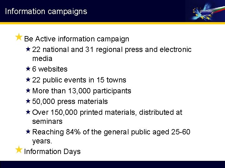 Information campaigns «Be Active information campaign « 22 national and 31 regional press and