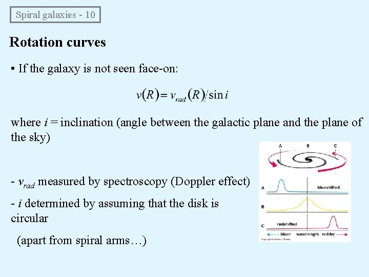  Spiral galaxies - 10 Rotation curves • If the galaxy is not seen