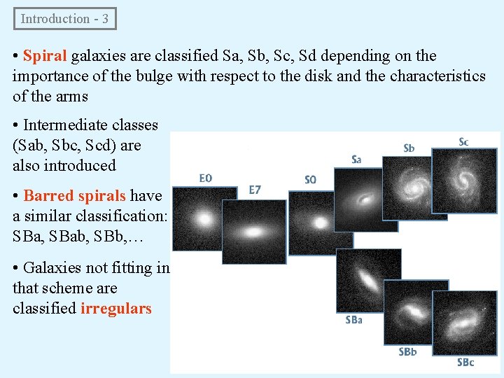  Introduction - 3 • Spiral galaxies are classified Sa, Sb, Sc, Sd depending