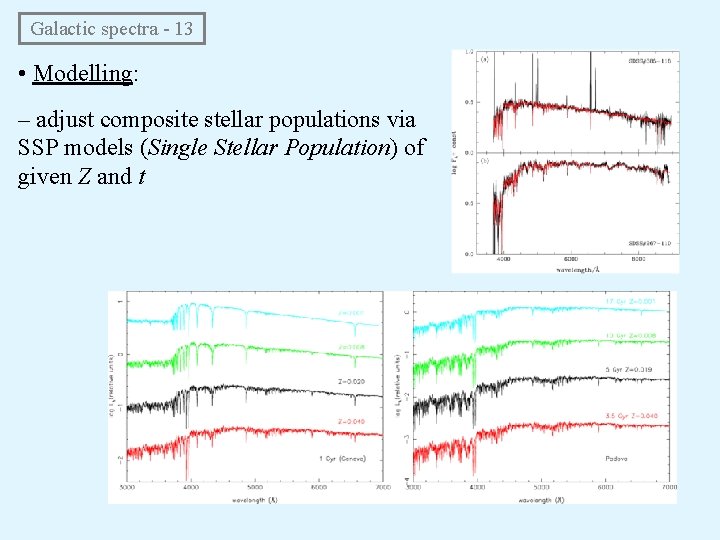 Galactic spectra - 13 • Modelling: – adjust composite stellar populations via SSP