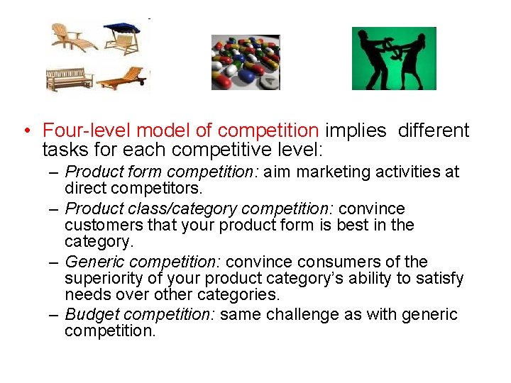  • Four-level model of competition implies different tasks for each competitive level: –