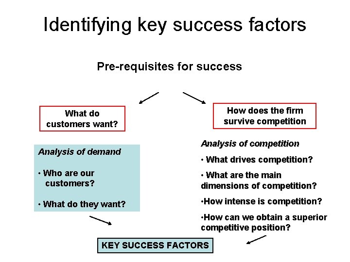 Identifying key success factors Pre-requisites for success How does the firm survive competition What