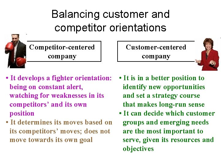 Balancing customer and competitor orientations Competitor-centered company Customer-centered company • It develops a fighter