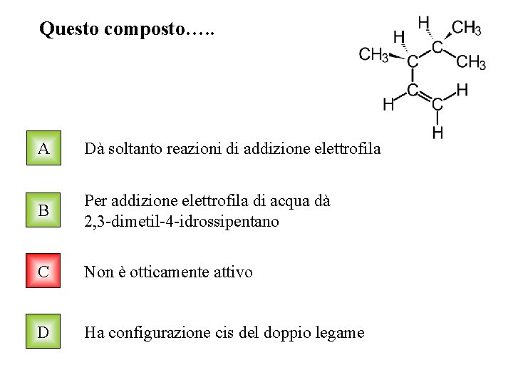 Questo composto…. . A Dà soltanto reazioni di addizione elettrofila B Per addizione elettrofila