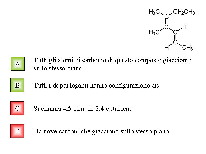 A Tutti gli atomi di carbonio di questo composto giaccionio sullo stesso piano B