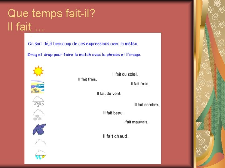 Que temps fait-il? Il fait … 