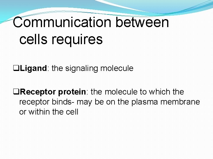 Communication between cells requires q. Ligand: the signaling molecule q. Receptor protein: the molecule