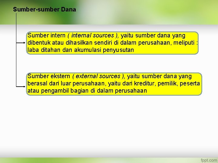 Sumber-sumber Dana Sumber intern ( internal sources ), yaitu sumber dana yang dibentuk atau