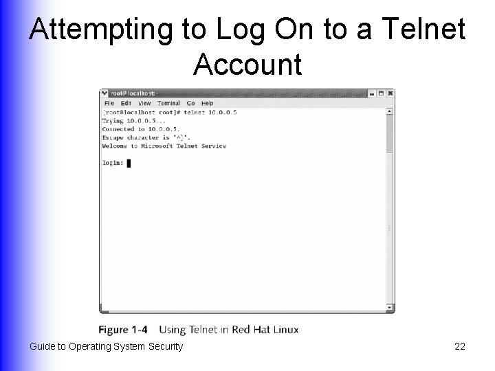 Attempting to Log On to a Telnet Account Guide to Operating System Security 22