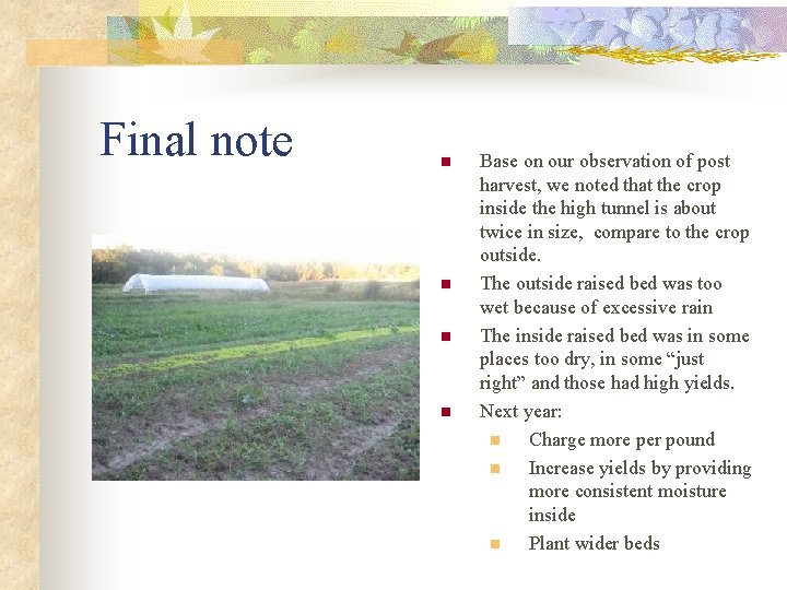 Final note n n Base on our observation of post harvest, we noted that
